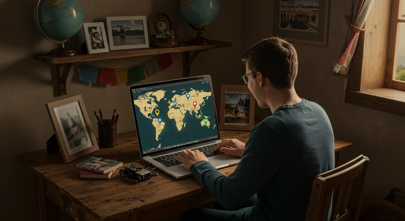 Blogger de viajes mostrando un mapa interactivo personalizado en su laptop, con chinchetas en diversos destinos del mundo.