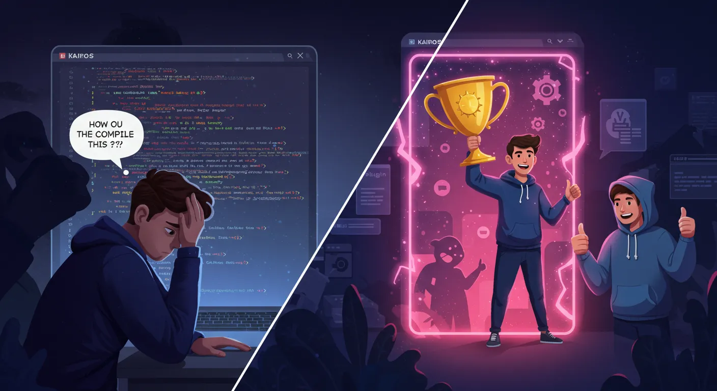 Illustration of a non-technical user creating a plugin with Kairos WP™ and an astonished developer.