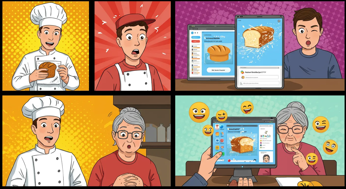 Ilustración de un panadero creando un plugin con Kairos WP™ y su abuela usándolo en una tienda online.