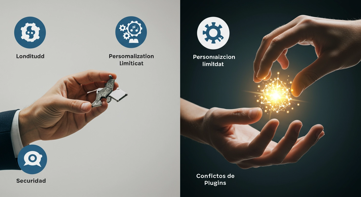 Ilustración de los 5 desafíos comunes de WordPress con iconos representando lentitud, seguridad, personalización y soluciones a medida.