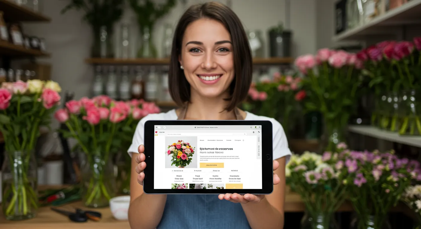 Montaje de una florista sonriente con su tablet mostrando la web de su floristería y el sistema de reservas de talleres creado con Kairos WP.