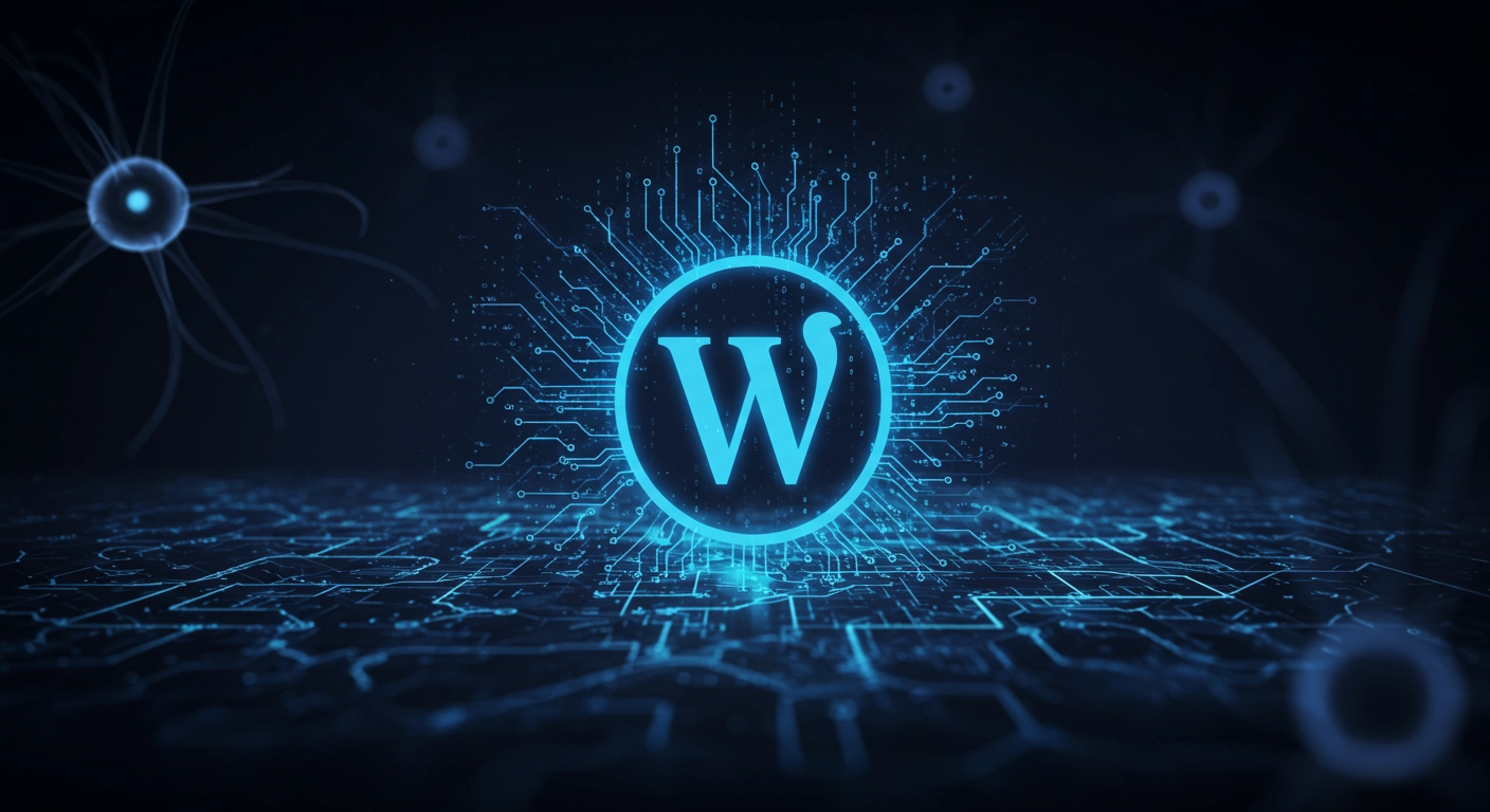 Ilustración futurista de la Inteligencia Artificial interactuando con el logo de WordPress, simbolizando el futuro de la creación de plugins.