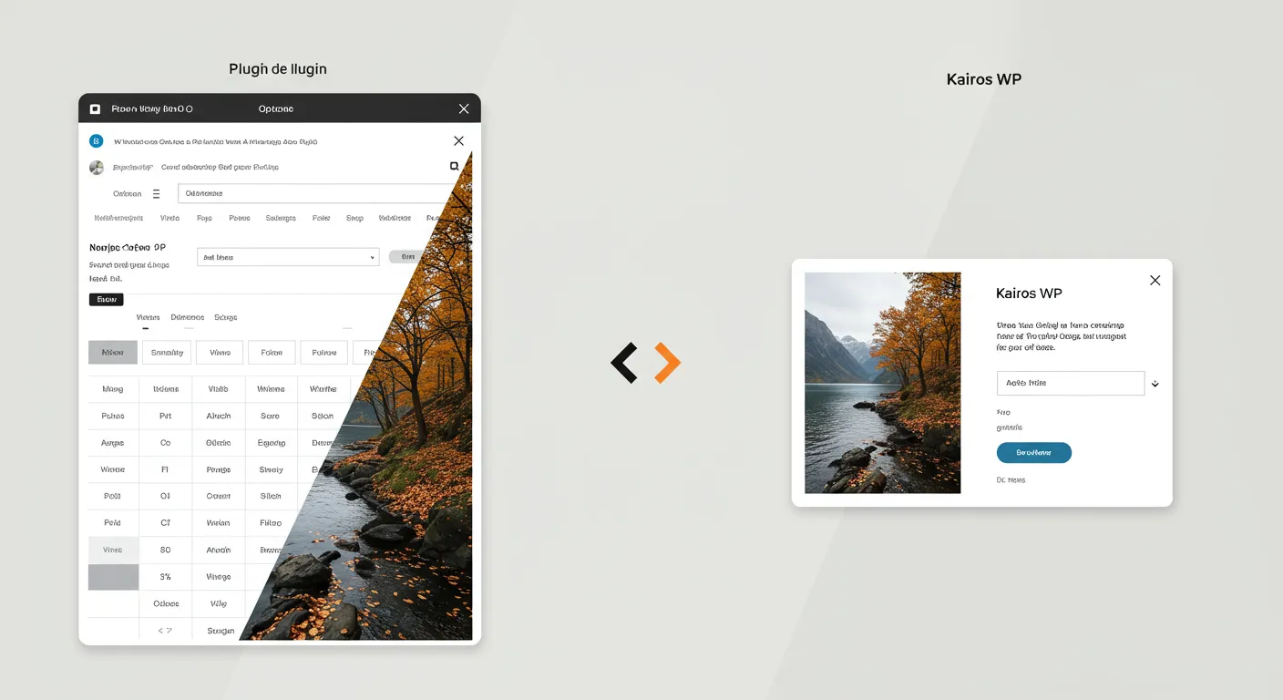 Comparativa visual: de un lado, múltiples opciones de un plugin de galería complejo; del otro, una interfaz limpia de Kairos WP creando una galería a medida.
