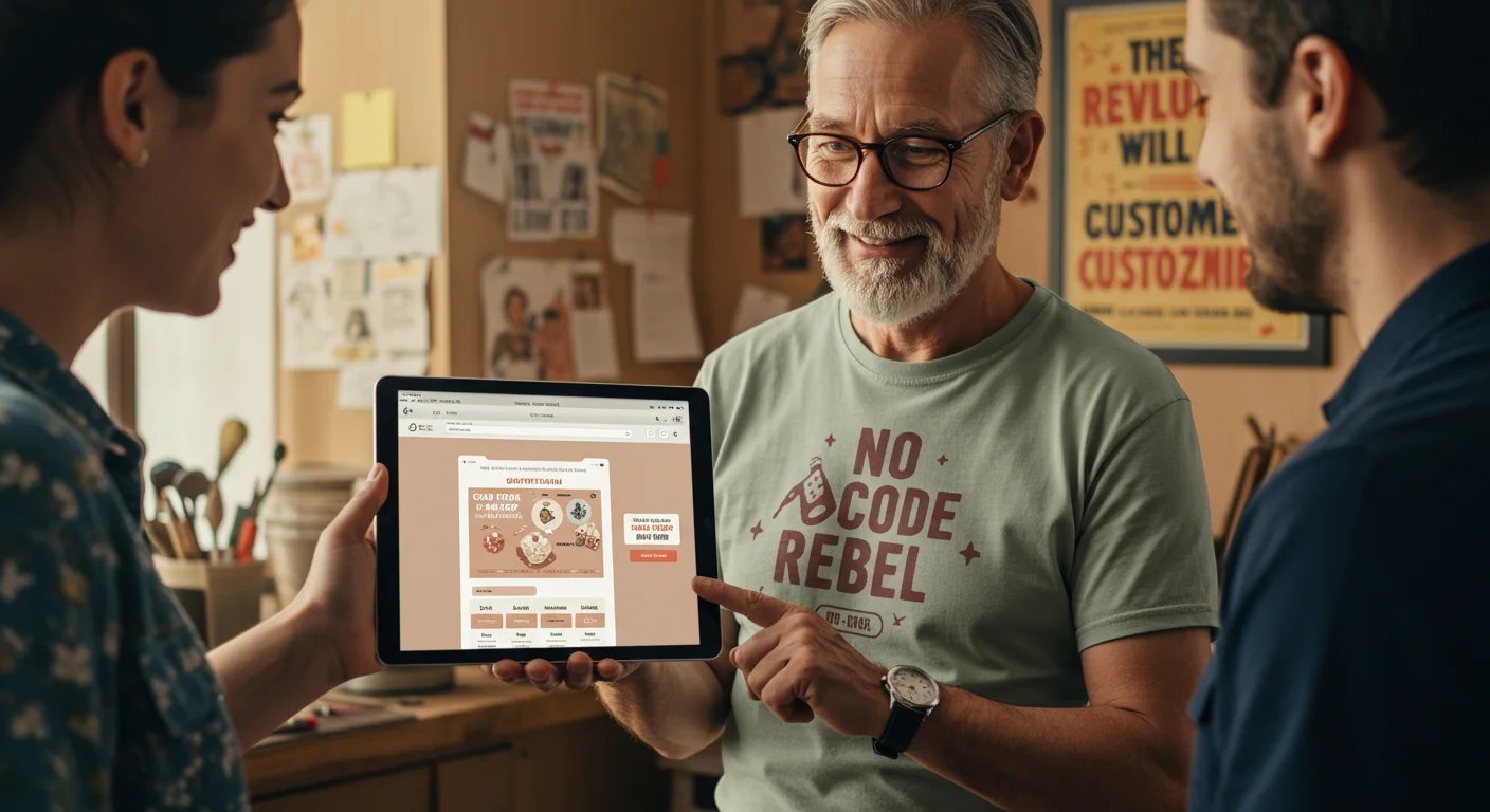 Persona madura sonriente con camiseta 'No Code Rebel' mostrando tablet con plugin de tienda de artesanías, junto a persona joven interesada, en taller creativo.