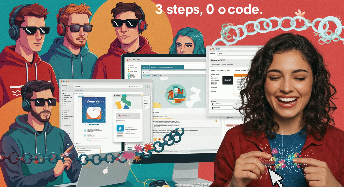 Collage vibrante de hackers creativos de los 80 reinventados, usando Kairos WP para crear plugins complejos sin código, con una mujer rompiendo cadenas de código binario que se transforman en flores.