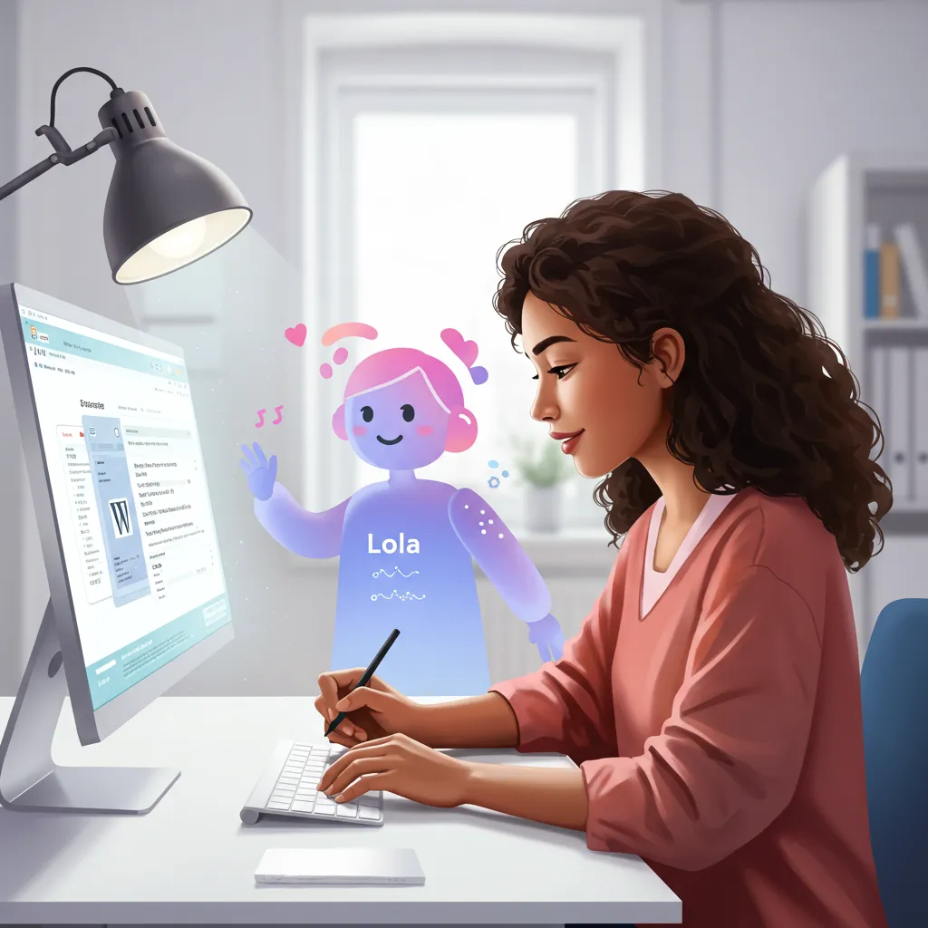 Person thoughtfully writing detailed requirements on a digital interface, with Kairos WP™'s AI 'Lola' listening to build a plugin.