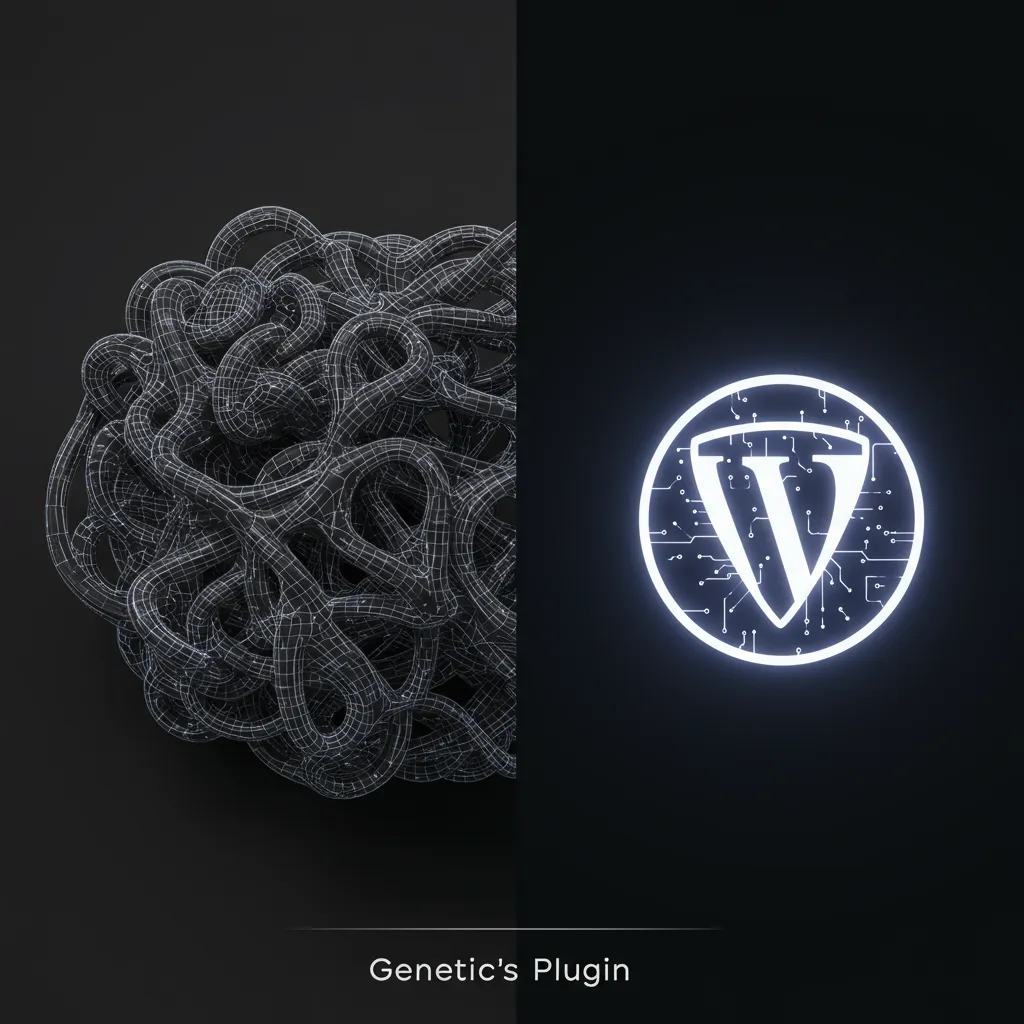 Comparativa visual: plano enredado de plugin genérico vs. icono de plugin minimalista y brillante creado por la IA de Kairos WP.