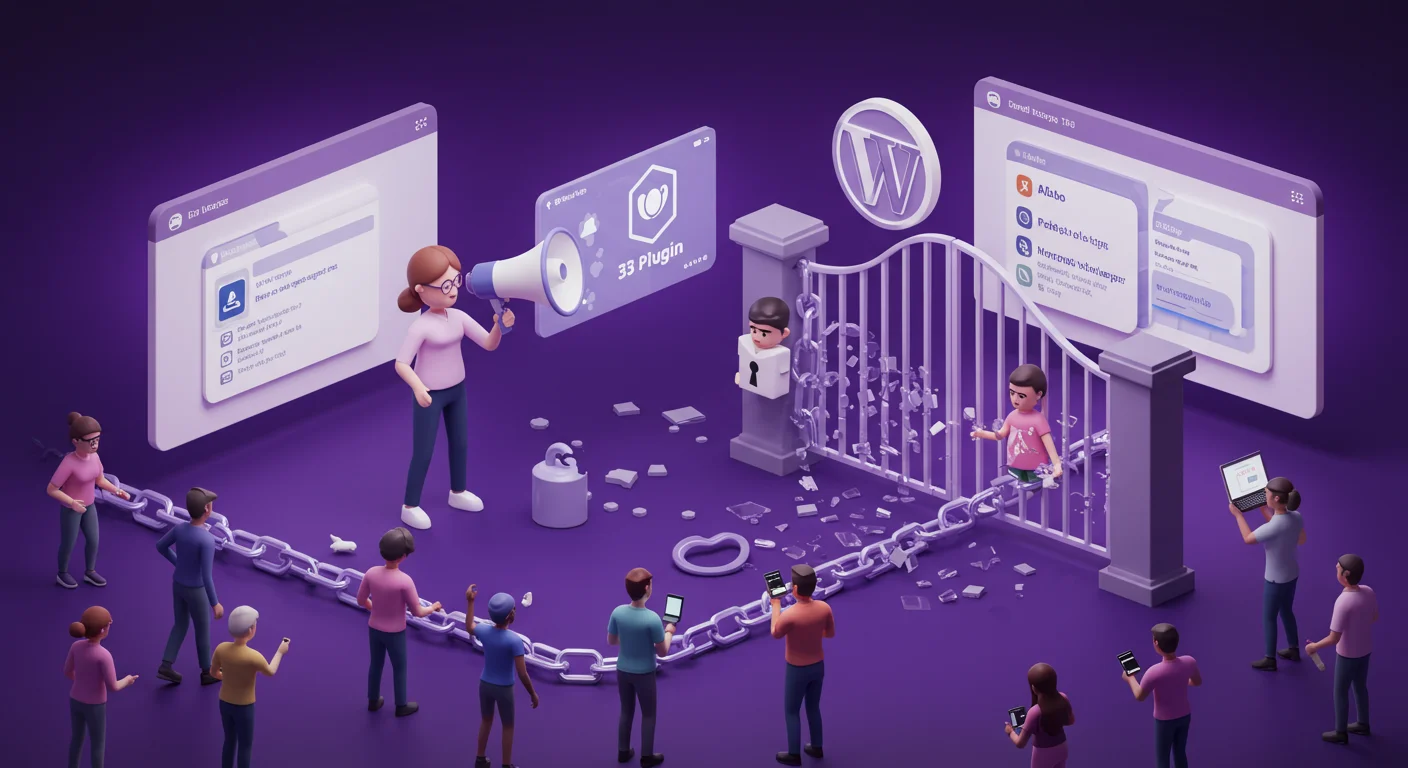 A diverse crowd of creators breaking binary code chains, led by an AI, symbolizing the rebellion of the non-technical in WordPress.